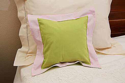 Hemstitch Multicolor Baby Pillow 12x12". Macaw Green Cherry Pink